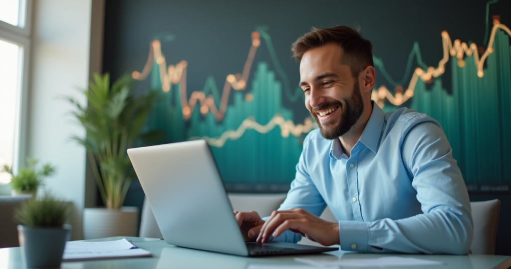 Business owner reviewing upward trending growth results on a laptop