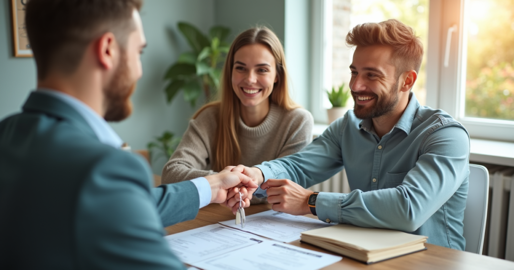 Happy couple receiving house keys from a mortgage loan officer after approval