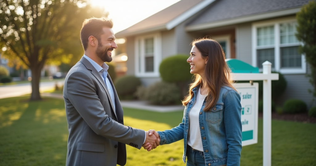 Real estate investor shaking hands with a motivated home seller in front of a house