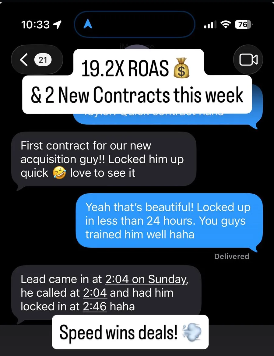 Client win: 19.2X ROAS and 2 new contracts in one week, lead locked up 42 minutes after it came in